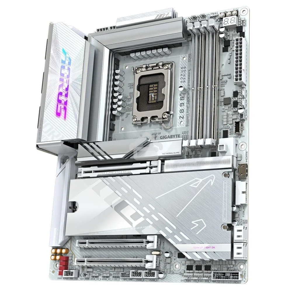 Материнская плата Gigabyte Z890 AORUS PRO ICE, LGA 1851, Intel Z890, 4xDDR5, 4xSATA, 5xM.2, 1xPCIe 5.0 x16, 1xPCIe 4.0 x4, 1xPCIe 4.0 x1, 2xUSB-C (Thunderbolt 4), 1x 5Gb LAN, 4xUSB-A 3.2 Gen 1, 2xUSB-A 3.2 Gen 2, 4xUSB-A 2.0, 2x3.5 мм, 7.1, ATX