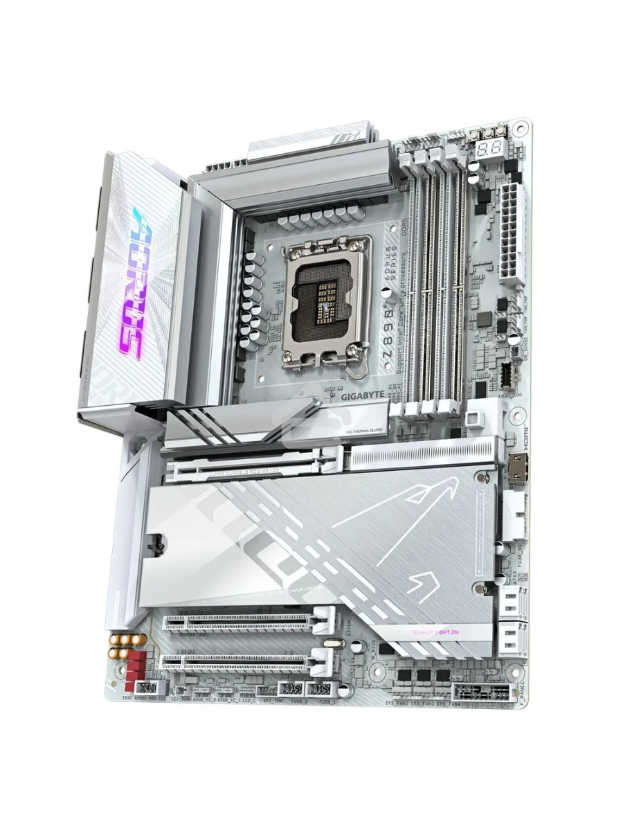 Материнская плата Gigabyte Z890 AORUS PRO ICE, LGA 1851, Intel Z890, 4xDDR5, 4xSATA, 5xM.2, 1xPCIe 5.0 x16, 1xPCIe 4.0 x4, 1xPCIe 4.0 x1, 2xUSB-C (Thunderbolt 4), 1x 5Gb LAN, 4xUSB-A 3.2 Gen 1, 2xUSB-A 3.2 Gen 2, 4xUSB-A 2.0, 2x3.5 мм, 7.1, ATX