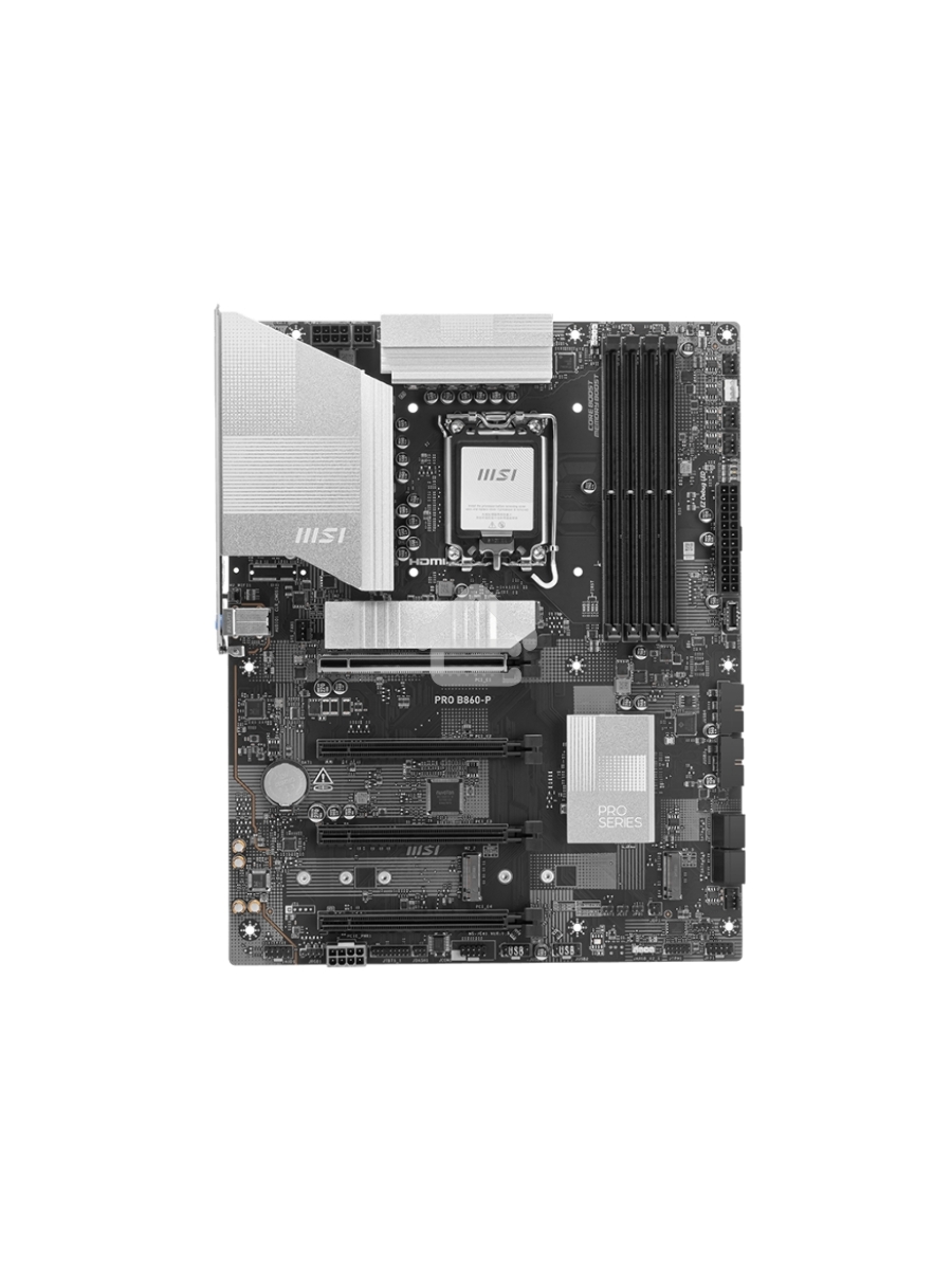 Материнская плата MSI PRO B860-P, LGA 1851, Intel B860, 4xDDR5, 4xSATA, 3xM.2, 1xPCIe 5.0 x16, 1xPCIe 4.0 x4, 2xPCIe 4.0 x1, 1xHDMI, 1xDP, 1xUSB-C, 1x 5Gb LAN, 2xUSB-A 3.2 Gen 2, 2xUSB-A 3.2 Gen 1, 4xUSB-A 2.0, 3x3.5 мм, 7.1, ATX