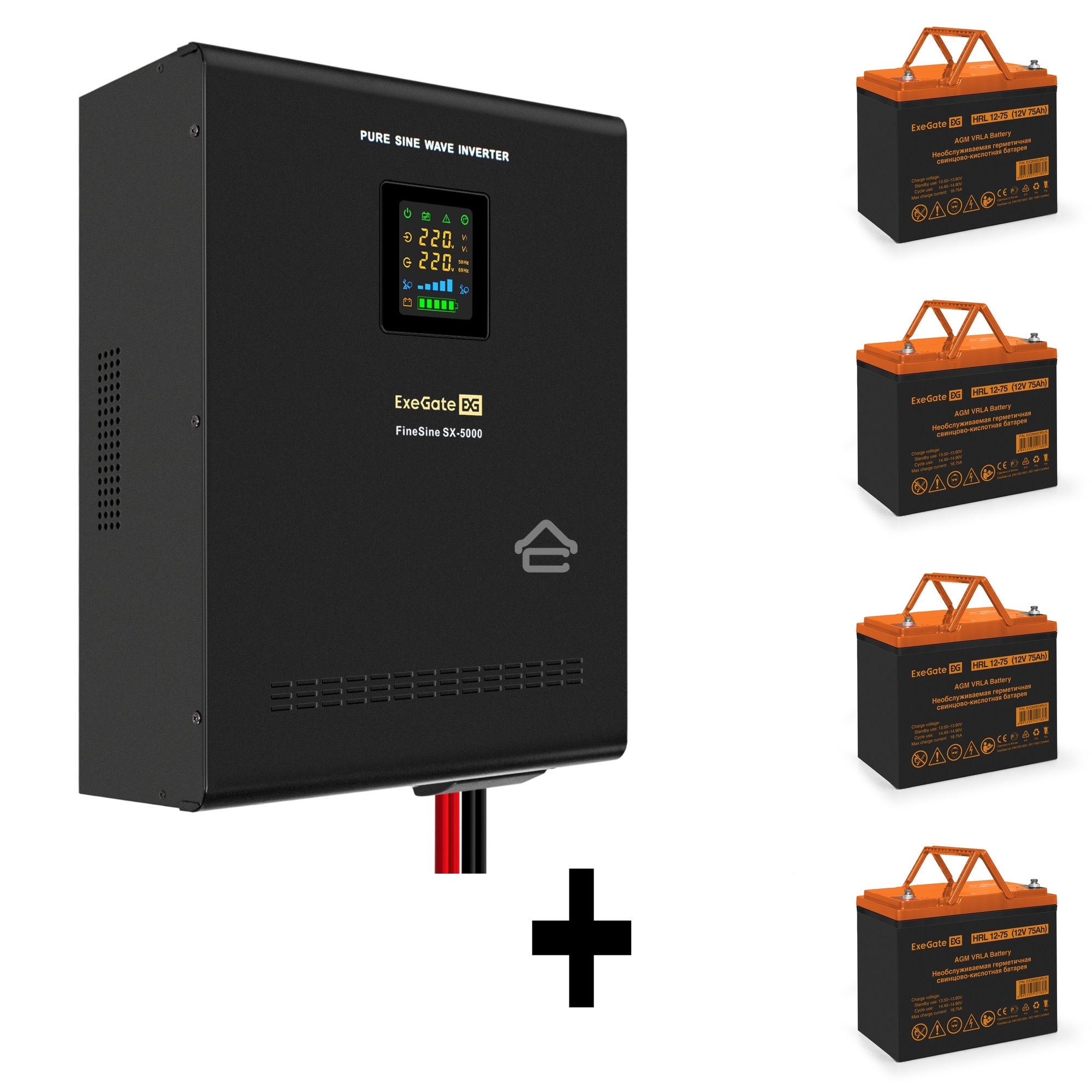 Комплект Источник бесперебойного питания EX296004RUS + батарея 75Aч EX285653RUS 4шт (инвертор, синус, для котла, настенный) ExeGate FineSine SX-5000.LCD.AVR.2SH.T <5000VA/3500W, чистая синусоида, цветной LCD-дисплей, AVR, 2*Schuko+клеммы, линейно-интеракт