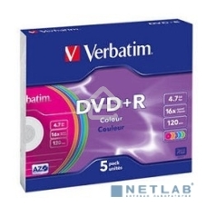 Диск DVD+R Verbatim 4.7Gb 16x Slim case (5шт) Color (43556)