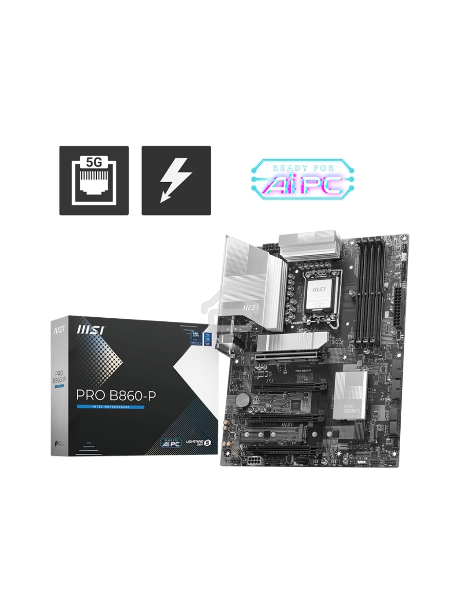 Материнская плата MSI PRO B860-P, LGA 1851, Intel B860, 4xDDR5, 4xSATA, 3xM.2, 1xPCIe 5.0 x16, 1xPCIe 4.0 x4, 2xPCIe 4.0 x1, 1xHDMI, 1xDP, 1xUSB-C, 1x 5Gb LAN, 2xUSB-A 3.2 Gen 2, 2xUSB-A 3.2 Gen 1, 4xUSB-A 2.0, 3x3.5 мм, 7.1, ATX