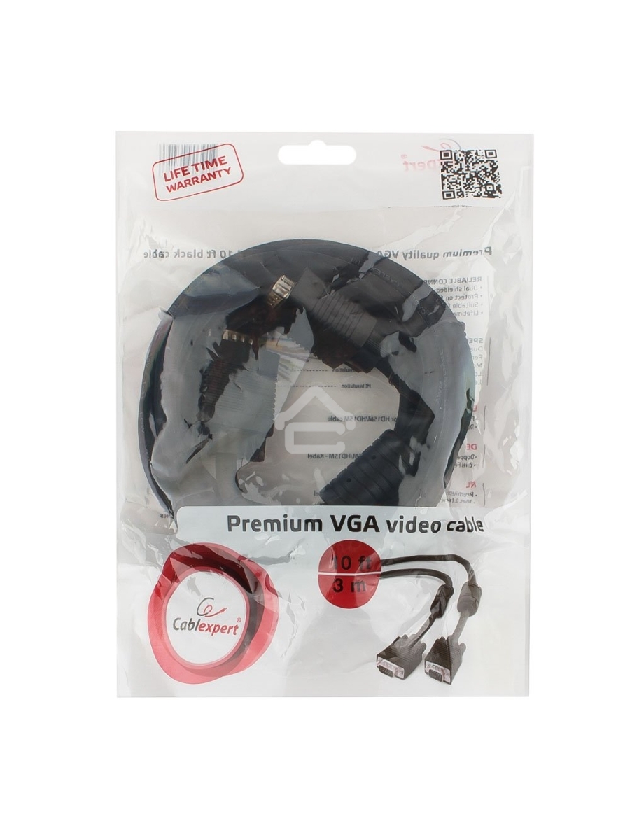 Кабель VGA Premium Cablexpert CC-PPVGA-10-B, 15M/15M, 3.0м, черный, тройной экран, феррит.кольца, пакет