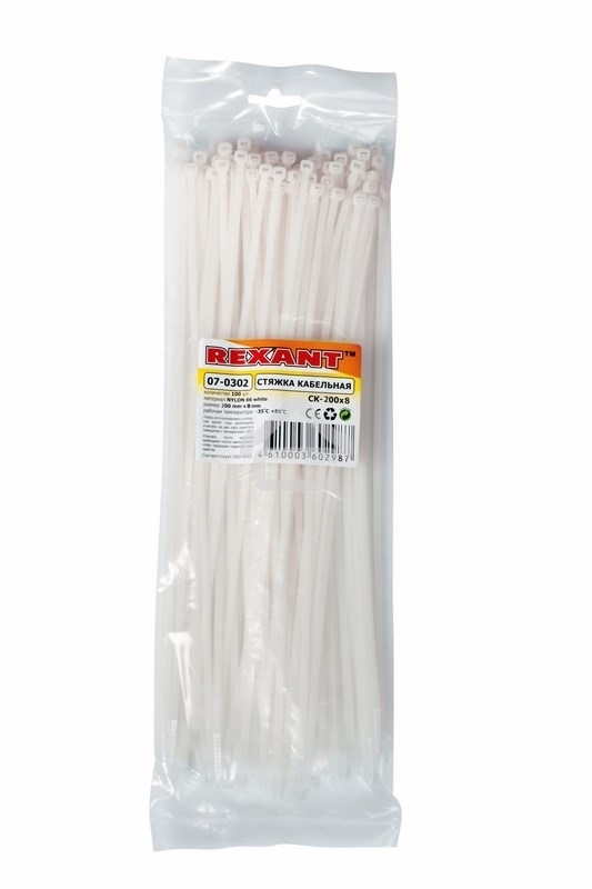 Хомут-стяжка кабельная нейлоновая Rexant 300 x7,6 мм, белая, упаковка 100 шт.