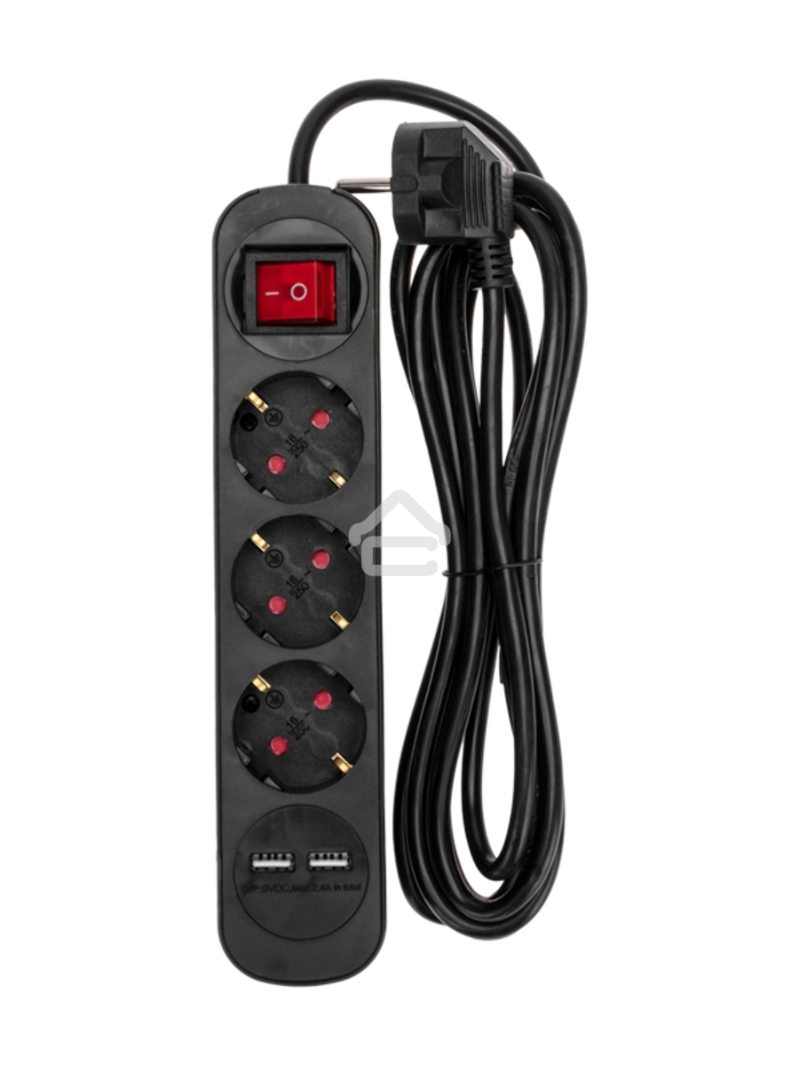 Удлинитель STANDARD 3 гнезда, 3м, 3х1,0мм², с/з, с выключателем, 2 USB, черный Rexant