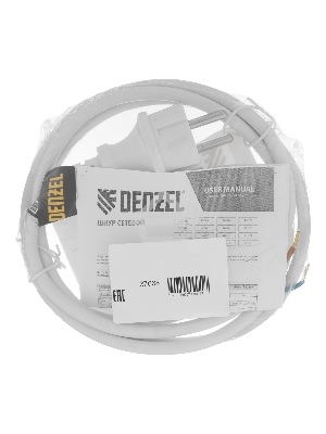 Шнур сетевой Energy Series, ПВС, 1,5 м, 2х1,5 мм, с неразборной вилкой, белый Denzel
