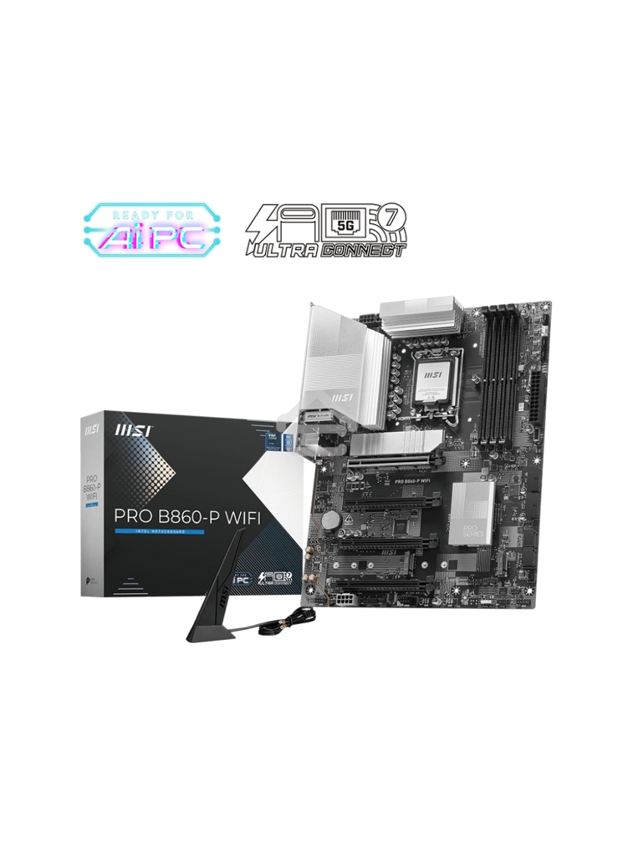Материнская плата MSI PRO B860-P WIFI, LGA 1851, Intel B860, 4xDDR5, 4xSATA, 3xM.2, 1xPCIe 5.0 x16, 1xPCIe 4.0 x4, 2xPCIe 4.0 x1, 1xHDMI, 1xDP, 1xUSB-C, 1x 5Gb LAN, 2xUSB-A 3.2 Gen 2, 2xUSB-A 3.2 Gen 1, 4xUSB-A 2.0, 3x3.5 мм, 7.1, Wi-Fi 7, ATX