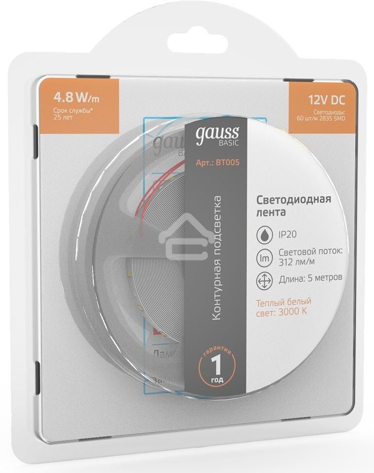 Лента светодиодная Basic 12V 4,8W/m 312lm/m 3000K IP20 LED 5m 1/100