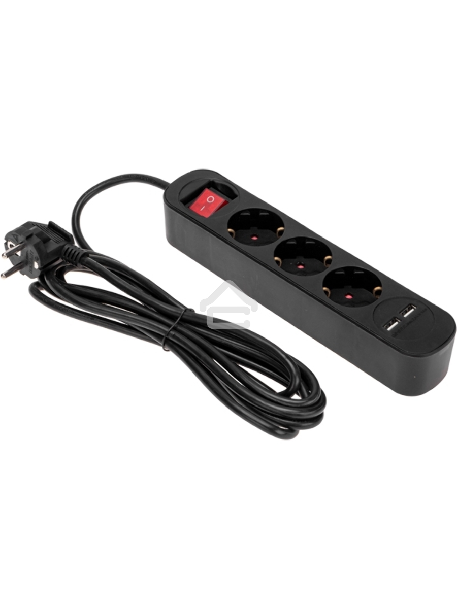 Удлинитель STANDARD 3 гнезда, 3м, 3х1,0мм², с/з, с выключателем, 2 USB, черный Rexant