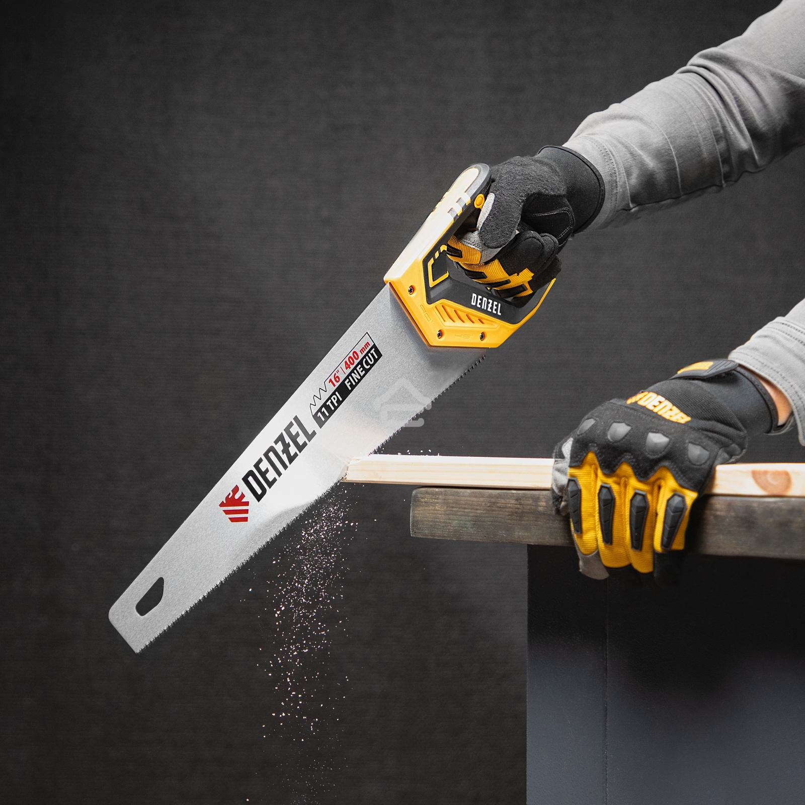 Ножовка по дереву Denzel 400 мм, 11 TPI, зуб 3D, двухкомпонентная рукоятка