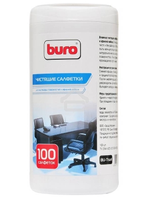 Салфетки Buro BU-Tsurl, 100 шт. для пластиковых поверхностей и офисной мебели туба 100шт влажных
