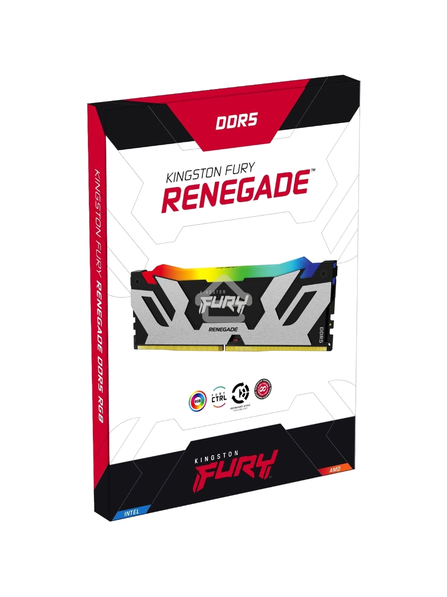 Оперативная память Kingston Fury Renegade, DDR5, 32GB (2x16GB), 6400MHz, CL32, DIMM, с радиатором, RGB, серебристый/черный