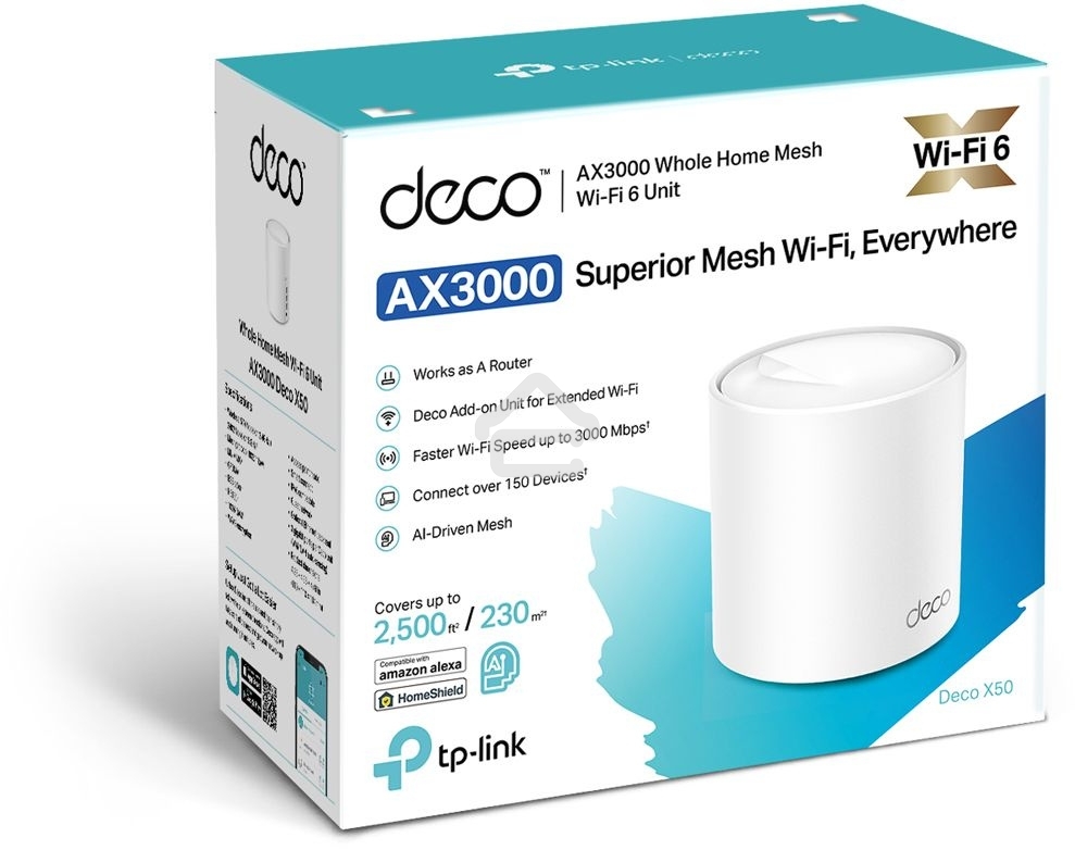Бесшовный Mesh роутер AX3000 Whole Home Mesh Wi-Fi 6 UnitSPEED: 574 Mbps at 2.4 GHz + 2402 Mbps at 5 GHzSPEC: 2× Internal Antennas, 3× Gigabit Ports (WAN/LAN auto-sensing), 2 Streams and HE160 for 5GHzFEATURE: Deco App, Router/AP Mode, IPv6, IPTV, HomeShi