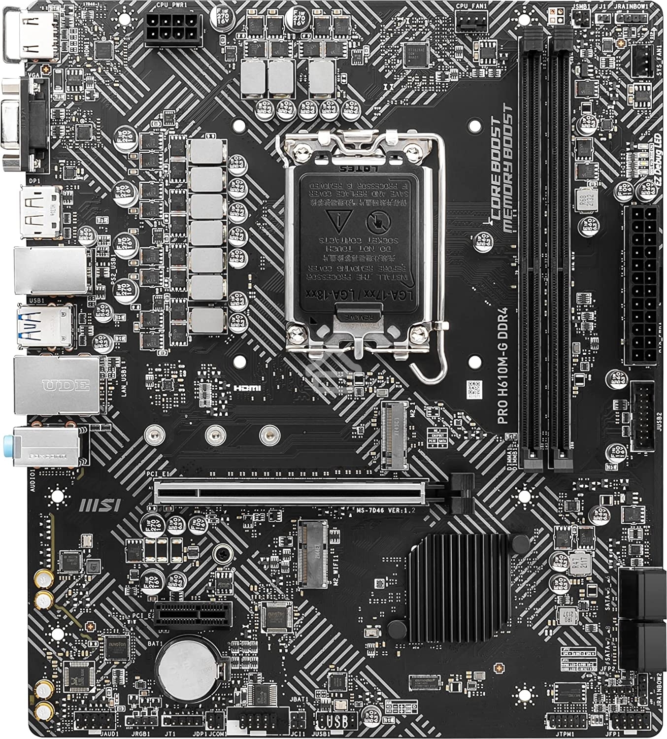 Материнская плата MSI PRO H610M-G DDR4, LGA 1700, Intel H610, 2xDDR4, 4xSATA, 1xM.2, 1xPCIe 4.0 x16, 1xPCIe 3.0 x1, 1xHDMI, 1xDP, 1xVGA, 1xRJ45 1Gb, 2xUSB-A 3.2 Gen 1, 4xUSB-A 2.0, 3x3.5мм, 7.1, mATX