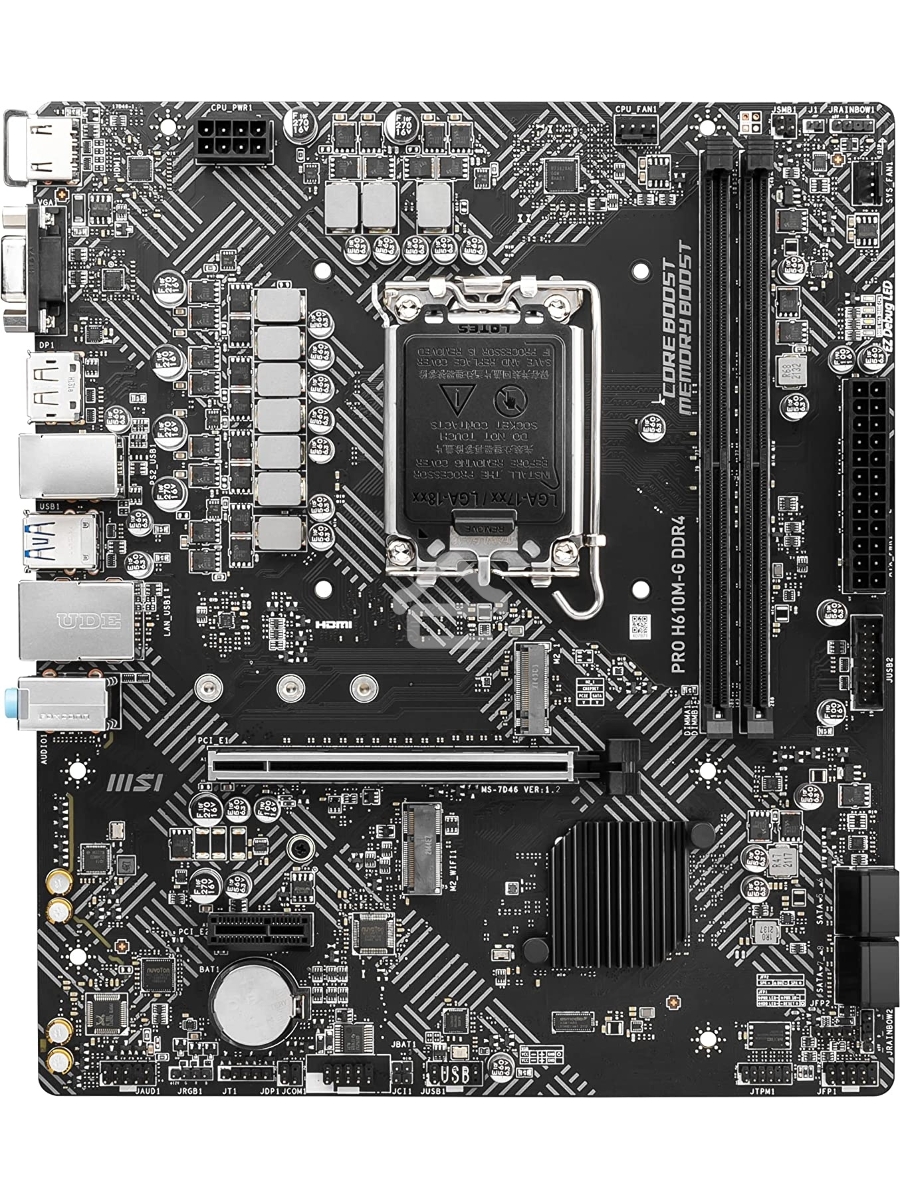 Материнская плата MSI PRO H610M-G DDR4, LGA 1700, Intel H610, 2xDDR4, 4xSATA, 1xM.2, 1xPCIe 4.0 x16, 1xPCIe 3.0 x1, 1xHDMI, 1xDP, 1xVGA, 1xRJ45 1Gb, 2xUSB-A 3.2 Gen 1, 4xUSB-A 2.0, 3x3.5мм, 7.1, mATX