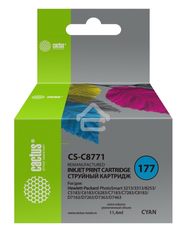 Картридж струйный Cactus CS-C8771 голубой для №177 HP PhotoSmart 3213/3313/8253/C5183/C6183 (11,4мл)