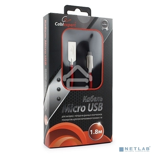 Кабель USB2.0 Cablexpert CC-P-mUSB02R-1.8M, AM/microB, серия Platinum, длина 1.8м, красный, блистер