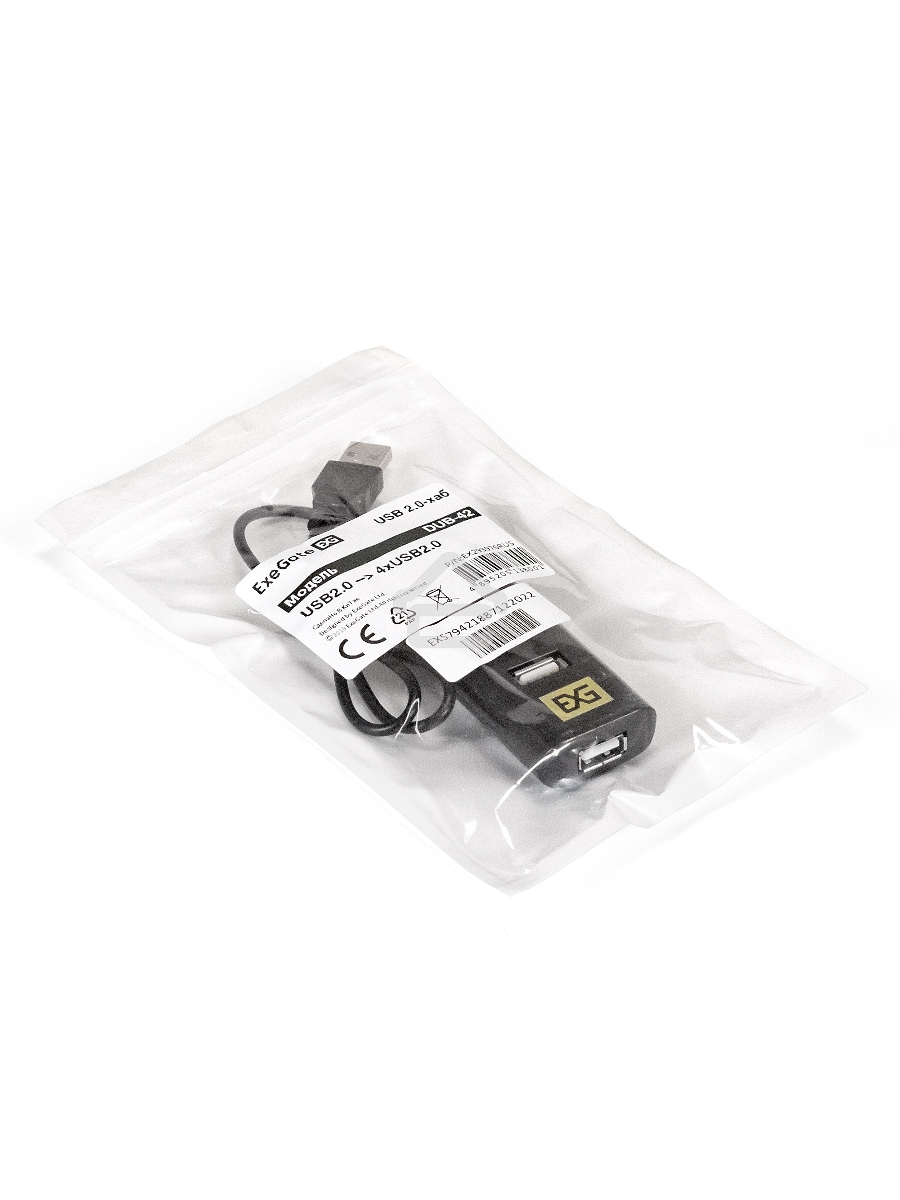 Хаб USB (концентратор) ExeGate EX293976RUS DUB-42 (кабель-адаптер USB2.0 --> 4xUSB2.0, Plug&Play, черный)