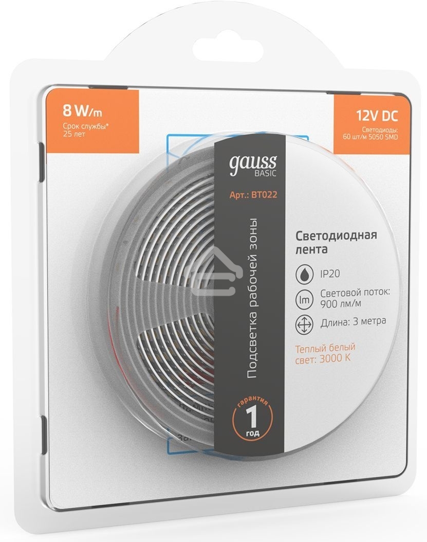 Лента светодиодная Basic Gauss 12V 8W/m 900lm/m 3000K IP20 LED 3m 1/100