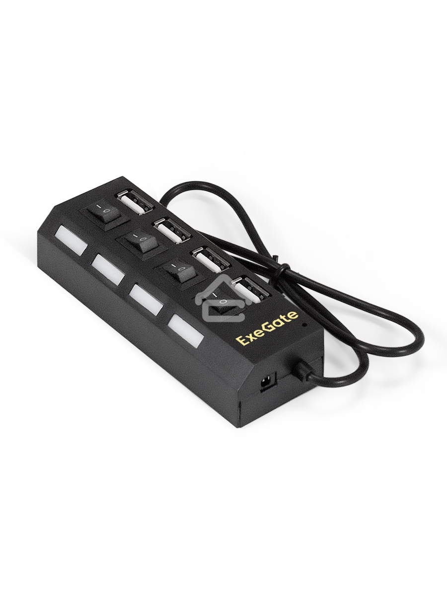 Хаб USB (концентратор) ExeGate EX293977RUS DUB-42SW (кабель-адаптер USB2.0 --> 4xUSB2.0, кнопки включения/отключения для каждого порта, Plug&Play, черный)