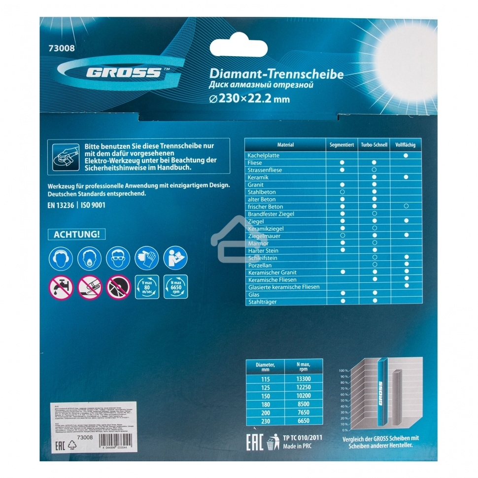 Диск алмазный Gross ф230х22,2 мм, лазерная приварка сегментов, сухое резание
