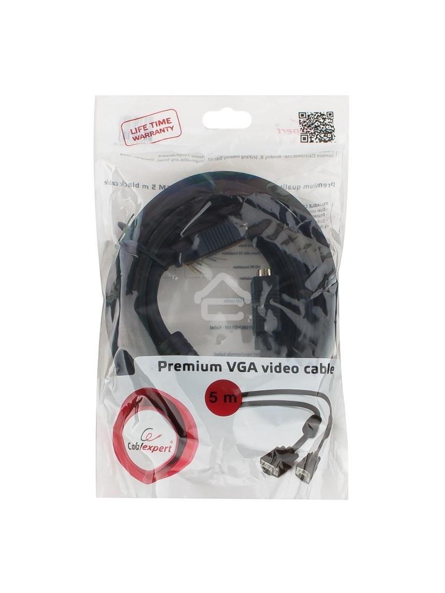 Кабель Gembird/Cablexpert CC-PPVGA-5M-B, Кабель VGA Premium , 15M/15M, 5.0м,черный,тройной экран, феррит.кольца 