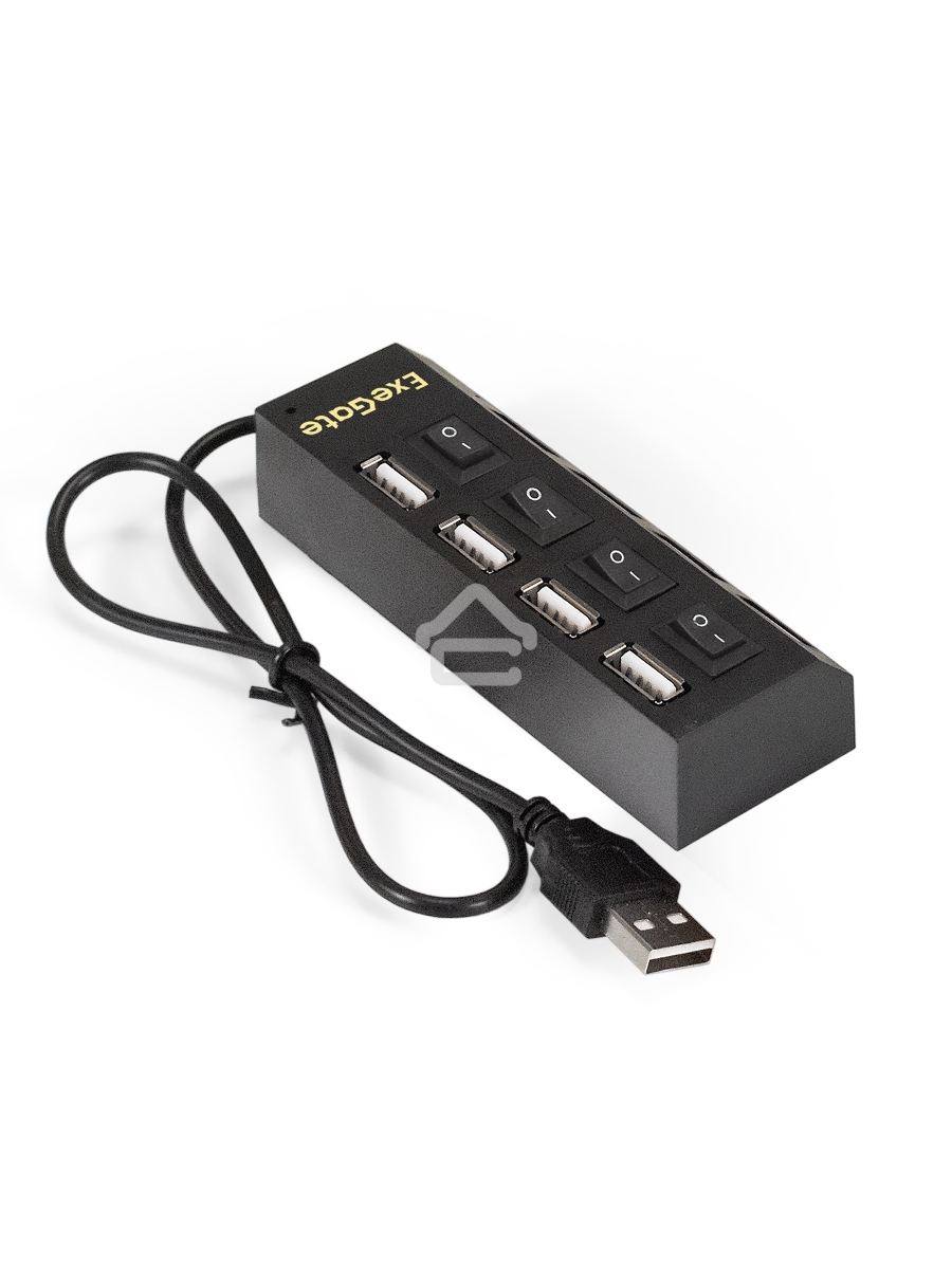 Хаб USB (концентратор) ExeGate EX293977RUS DUB-42SW (кабель-адаптер USB2.0 --> 4xUSB2.0, кнопки включения/отключения для каждого порта, Plug&Play, черный)