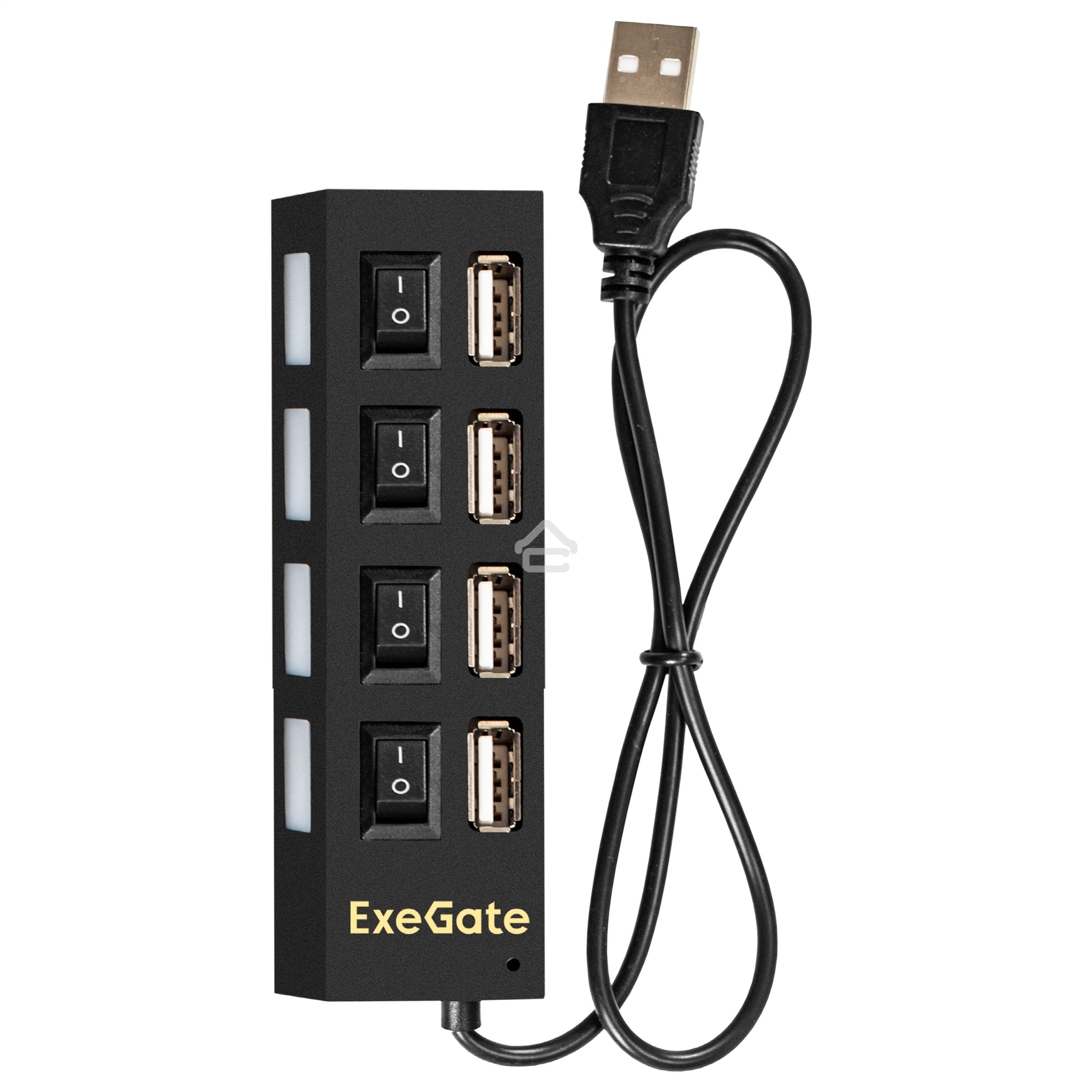 USB-концентратор ExeGate EX293977RUS DUB-42SW (кабель-адаптер USB2.0 --> 4xUSB2.0, кнопки включения/отключения для каждого порта, Plug&Play, черный)