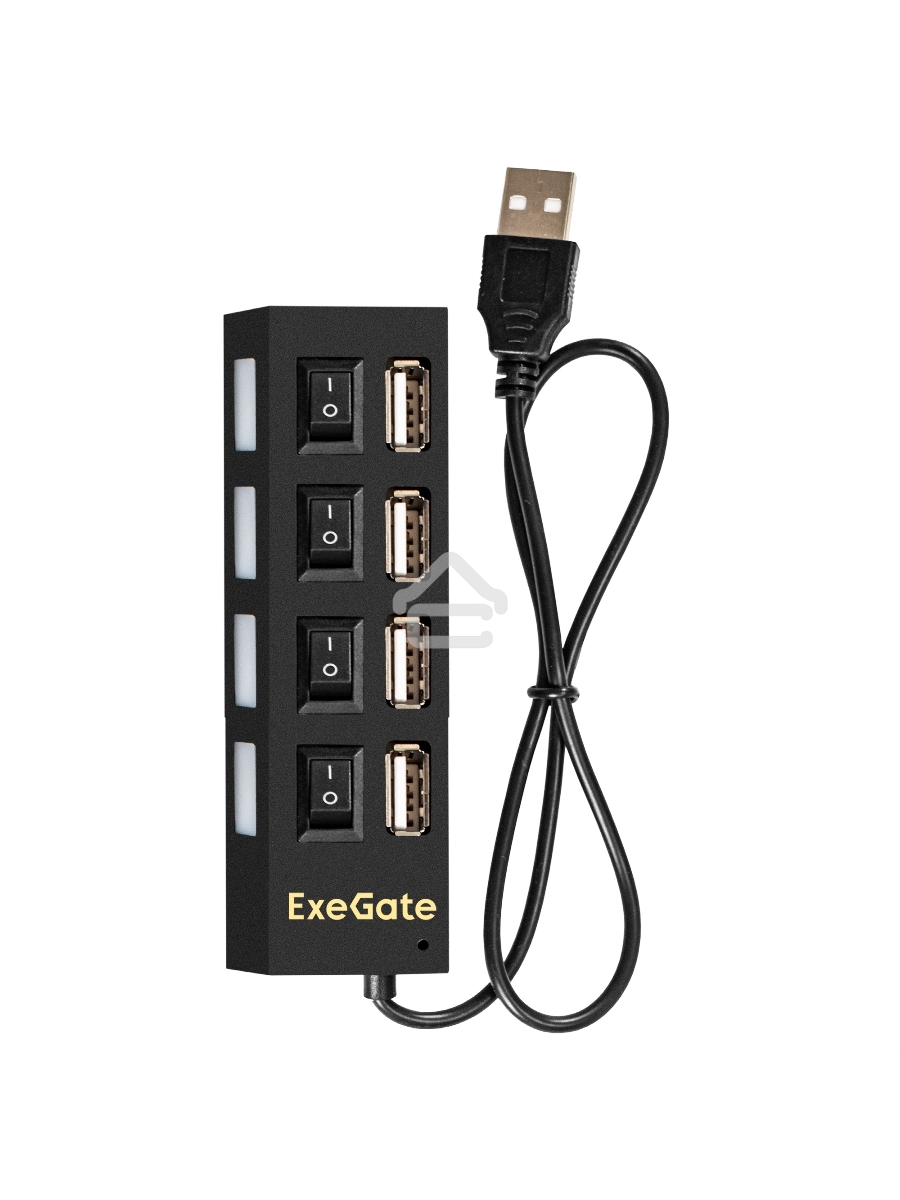 Хаб USB (концентратор) ExeGate EX293977RUS DUB-42SW (кабель-адаптер USB2.0 --> 4xUSB2.0, кнопки включения/отключения для каждого порта, Plug&Play, черный)