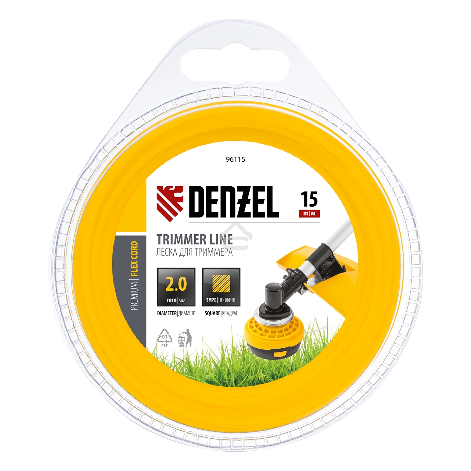 Леска для триммера Denzel квадрат 2 мм х 15 м, блистер FLEX CORD