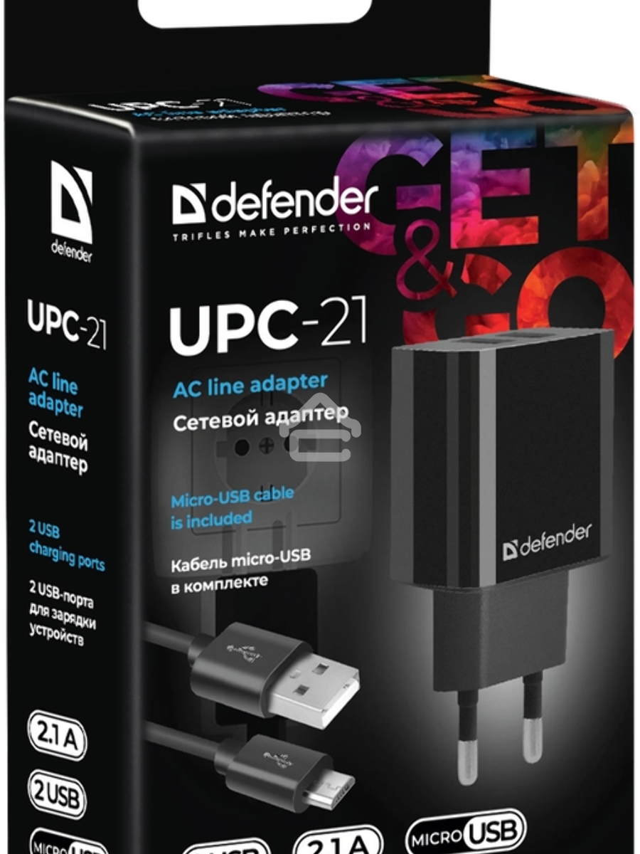 Сетевой адаптер Defender UPC-21 2xUSB,5V/2.1А кабель microUSB