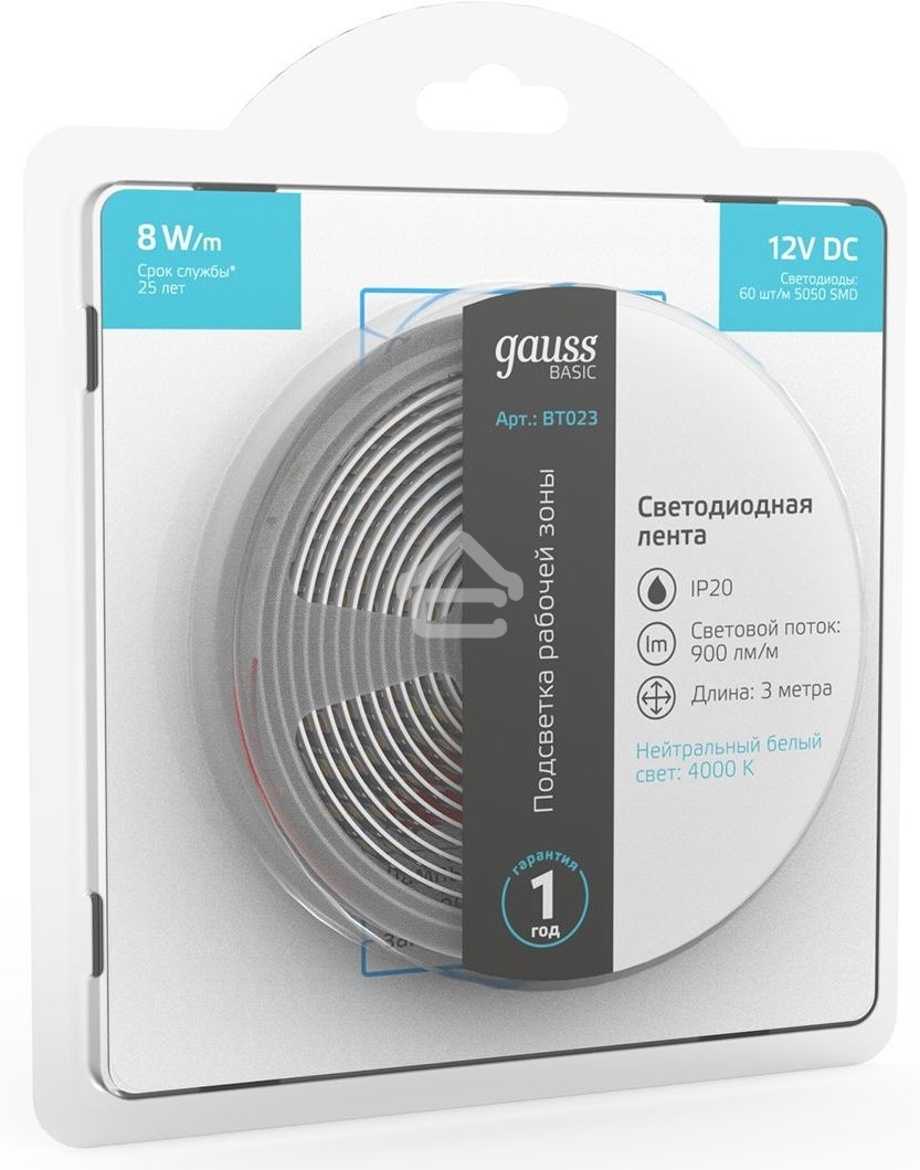 Лента светодиодная Basic Gauss 12V 8W/m 900lm/m 4000K IP20 LED 3m 1/100