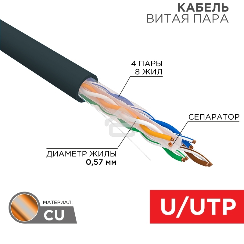 Кабель витая пара Rexant U/UTP, CAT 6, PE, 4PR, 23AWG, OUTDOOR, SOLID, черный, 305м