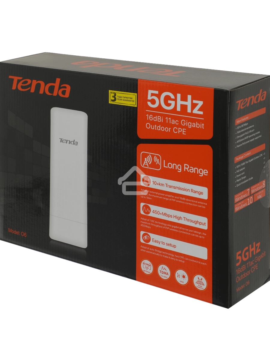 Наружная гигабитная точка доступа Tenda O6, 5 ГГц, до 867 Мбит/с, антенна 1x16dBi, IP65, PoE, LAN 1x1 Гбит/с
