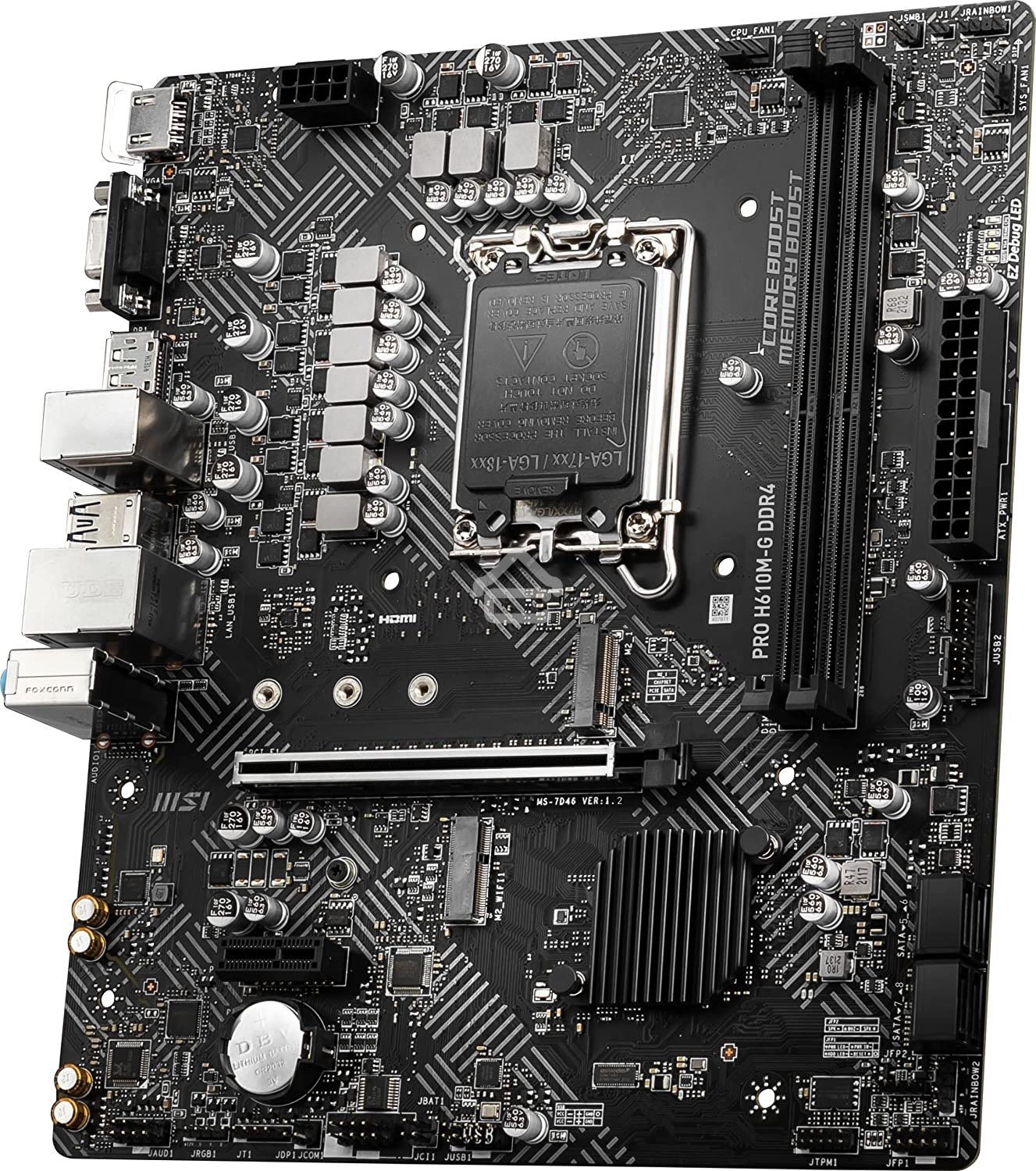 Материнская плата MSI PRO H610M-G DDR4, LGA 1700, Intel H610, 2xDDR4, 4xSATA, 1xM.2, 1xPCIe 4.0 x16, 1xPCIe 3.0 x1, 1xHDMI, 1xDP, 1xVGA, 1xRJ45 1Gb, 2xUSB-A 3.2 Gen 1, 4xUSB-A 2.0, 3x3.5мм, 7.1, mATX