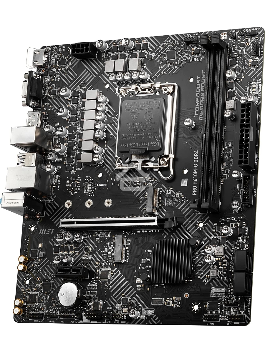 Материнская плата MSI PRO H610M-G DDR4, LGA 1700, Intel H610, 2xDDR4, 4xSATA, 1xM.2, 1xPCIe 4.0 x16, 1xPCIe 3.0 x1, 1xHDMI, 1xDP, 1xVGA, 1xRJ45 1Gb, 2xUSB-A 3.2 Gen 1, 4xUSB-A 2.0, 3x3.5мм, 7.1, mATX