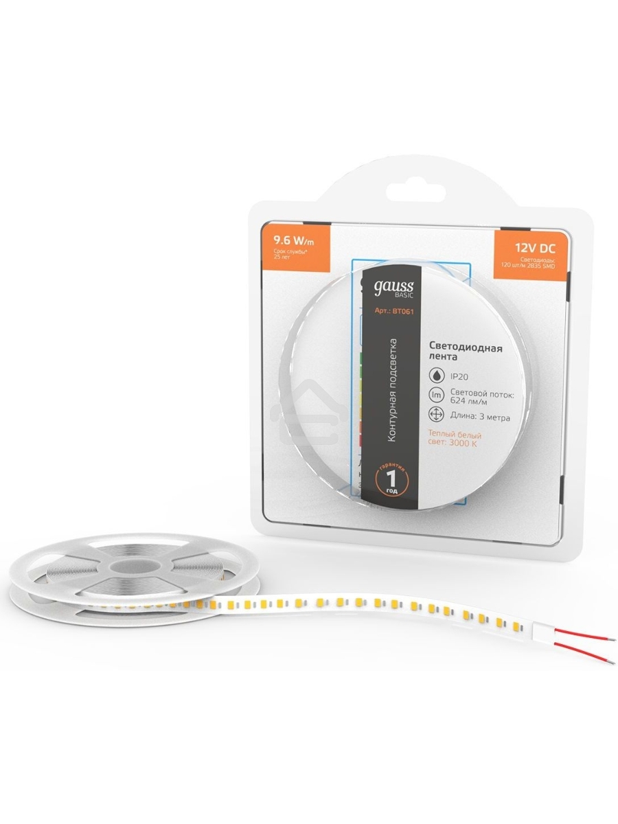 Лента Basic 12V 9,6W/m 624lm/m 3000K IP20 LED 3m 1/100