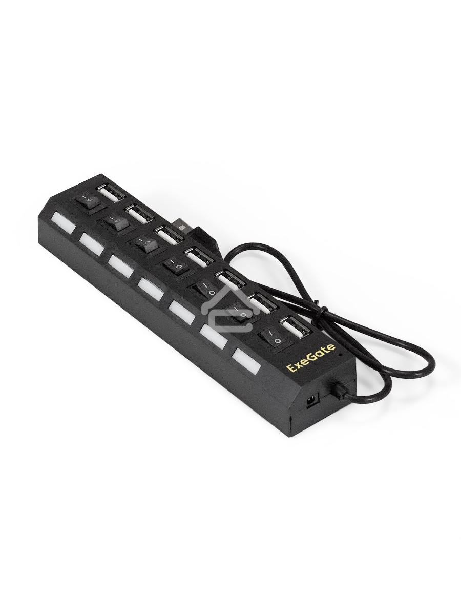 Хаб USB (концентратор) ExeGate EX293978RUS DUB-72SW (кабель-адаптер USB2.0 --> 7xUSB2.0, кнопки включения/отключения для каждого порта, Plug&Play, черный)
