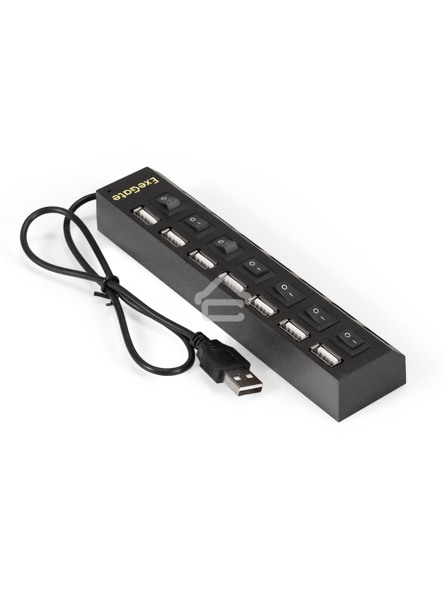 Хаб USB (концентратор) ExeGate EX293978RUS DUB-72SW (кабель-адаптер USB2.0 --> 7xUSB2.0, кнопки включения/отключения для каждого порта, Plug&Play, черный)