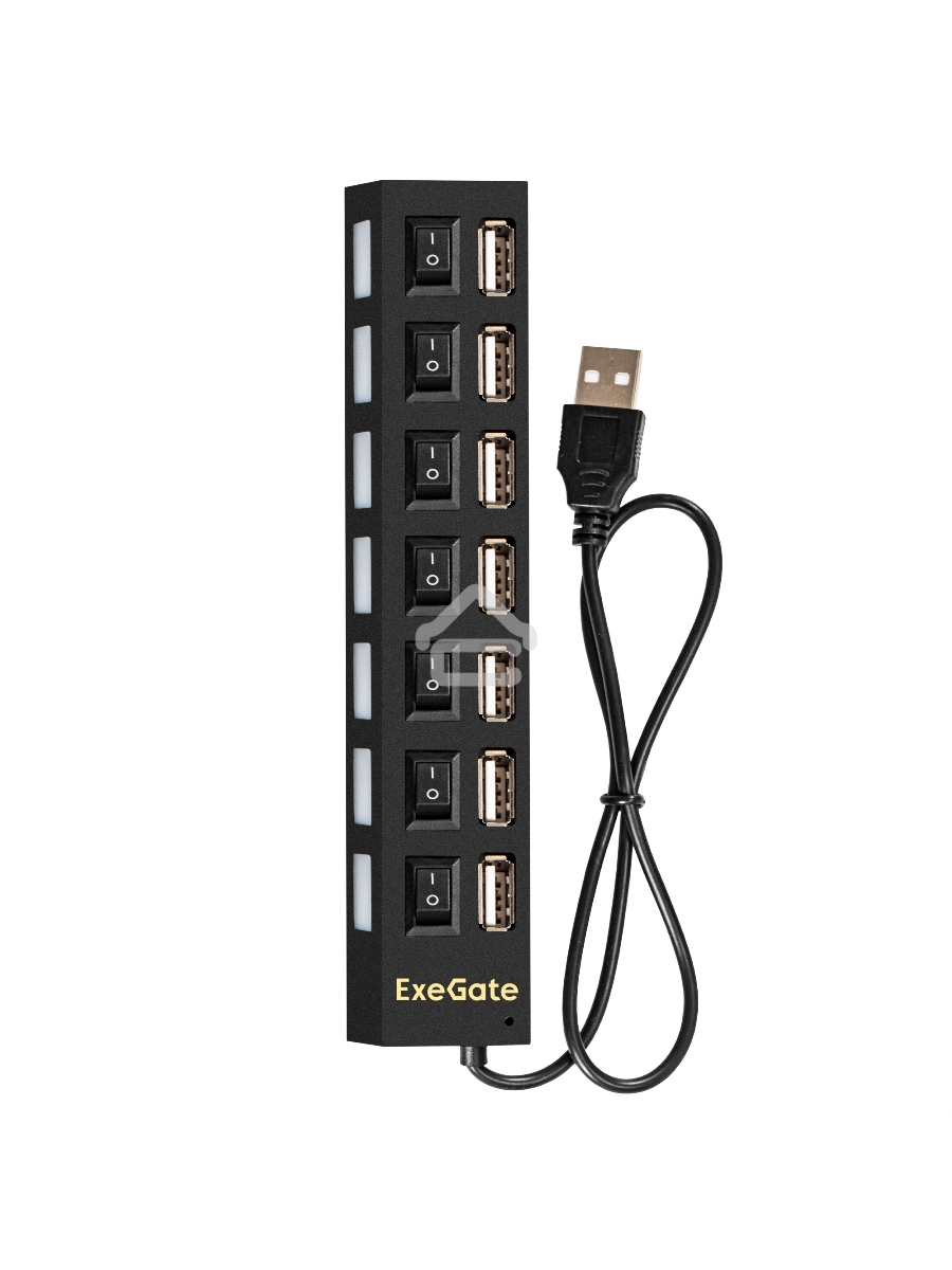 Хаб USB (концентратор) ExeGate EX293978RUS DUB-72SW (кабель-адаптер USB2.0 --> 7xUSB2.0, кнопки включения/отключения для каждого порта, Plug&Play, черный)