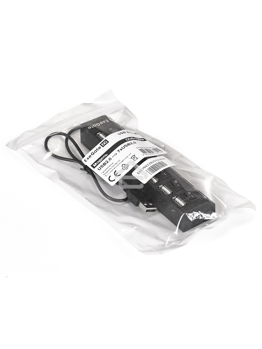 Хаб USB (концентратор) ExeGate EX293978RUS DUB-72SW (кабель-адаптер USB2.0 --> 7xUSB2.0, кнопки включения/отключения для каждого порта, Plug&Play, черный)