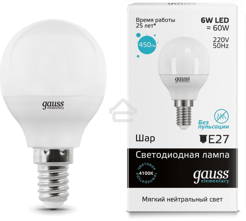 Лампа светодиодная LED Gauss 6Вт E14 220В 4100К Elementary шар 53126
