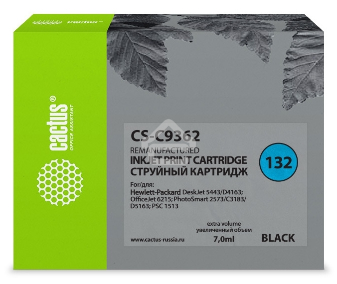 Картридж струйный Cactus CS-C9362 №132 черный (7 мл) для HP DJ 5443/D4163/DJ 6215/PS 2573/C3183/D5163/PSC 1513