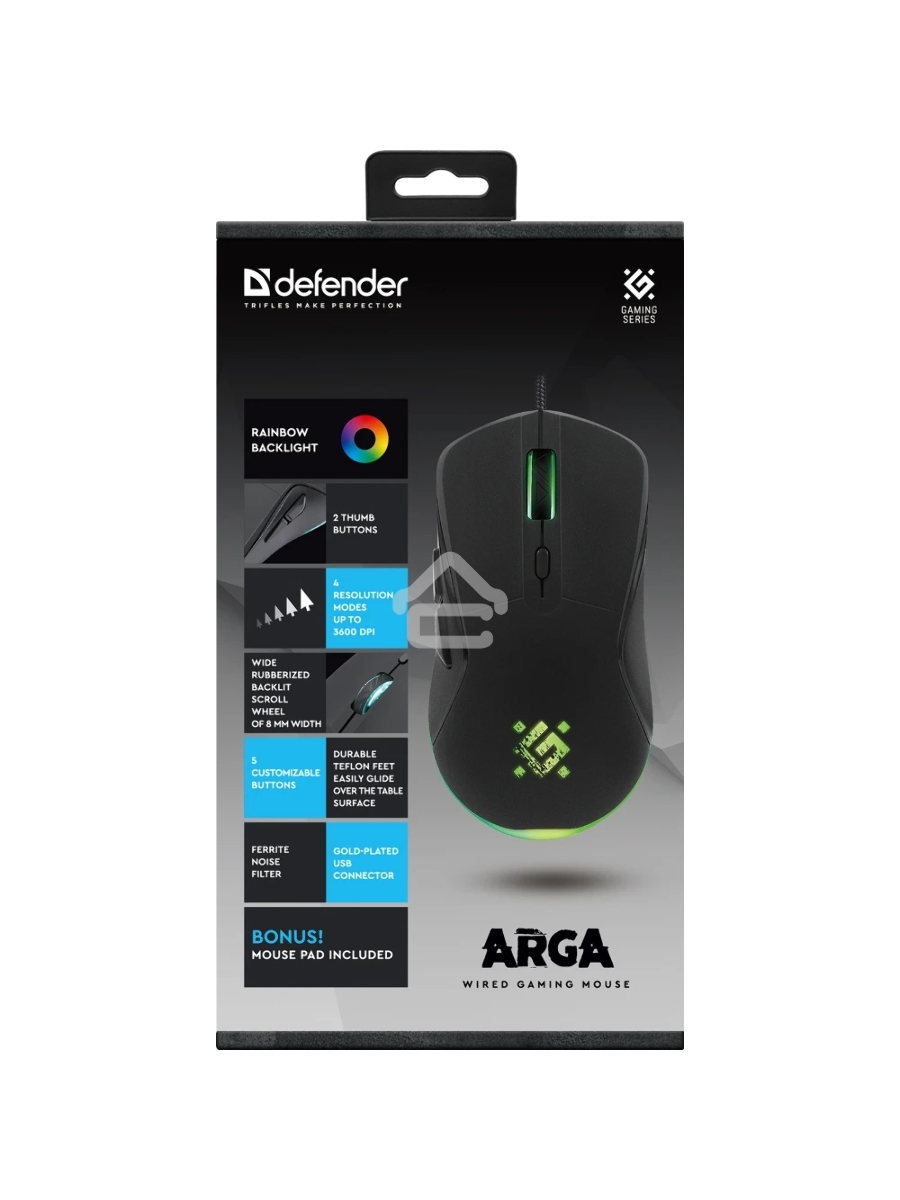 Мышь проводная Defender Arga GM-049 черный, 3600 dpi, USB, кнопки - 6