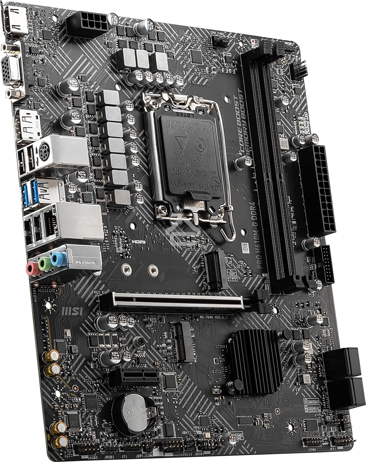 Материнская плата MSI PRO H610M-G DDR4, LGA 1700, Intel H610, 2xDDR4, 4xSATA, 1xM.2, 1xPCIe 4.0 x16, 1xPCIe 3.0 x1, 1xHDMI, 1xDP, 1xVGA, 1xRJ45 1Gb, 2xUSB-A 3.2 Gen 1, 4xUSB-A 2.0, 3x3.5мм, 7.1, mATX