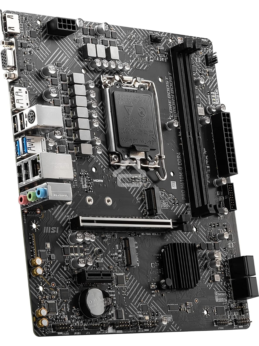 Материнская плата MSI PRO H610M-G DDR4, LGA 1700, Intel H610, 2xDDR4, 4xSATA, 1xM.2, 1xPCIe 4.0 x16, 1xPCIe 3.0 x1, 1xHDMI, 1xDP, 1xVGA, 1xRJ45 1Gb, 2xUSB-A 3.2 Gen 1, 4xUSB-A 2.0, 3x3.5мм, 7.1, mATX
