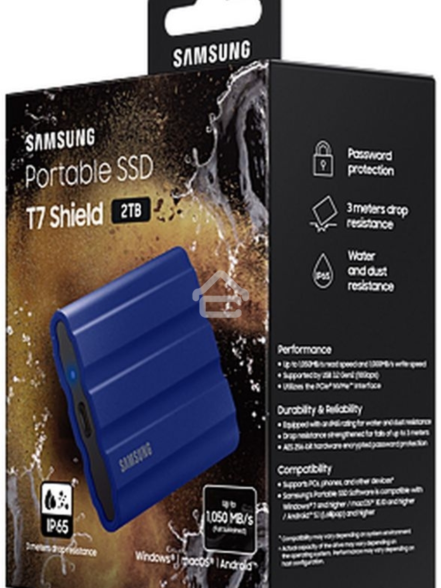 Накопитель Samsung External SSD T7 Shield, 2TB, Type C-to-C/A, USB 3.2 Gen2, R/W 1050/1000MB/s, IP65, 88x59x13mm, 98g, Blue (12 мес.)