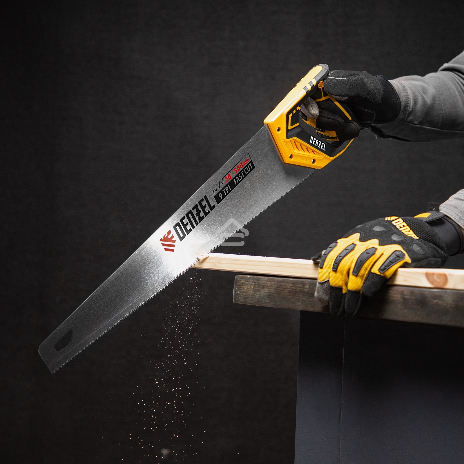 Ножовка по дереву Denzel 500 мм, 9 TPI, зуб 3D, двухкомпонентная рукоятка