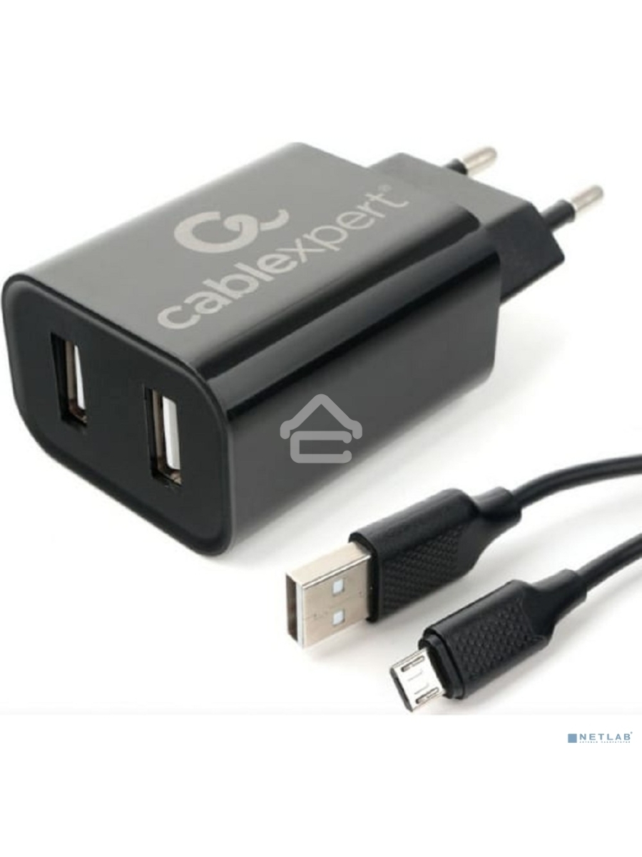 Адаптер питания Cablexpert MP3A-PC-35 USB 2 порта, 2.4A, черный + кабель 1м micro