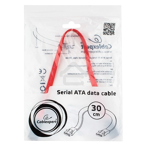 Кабель интерфейсный SATAIII Cablexpert CC-SATAM-DATA-0.3M, 30 см, 7pin/7pin, защелка, пакет